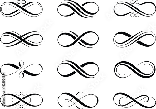 A collection of twelve elegant black ink-style infinity symbols. Decorative calligraphic signs and endless loop icons for design.
