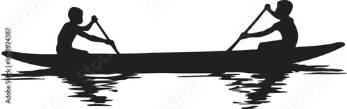 Two people silhouetted in a canoe paddling on water with reflections kayaking boat