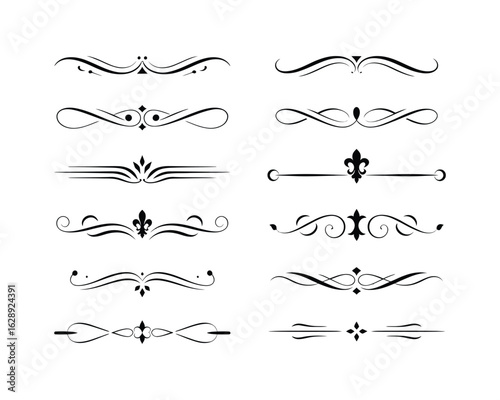 A set of twelve elegant black decorative dividers and ornate page separators arranged on a white background.