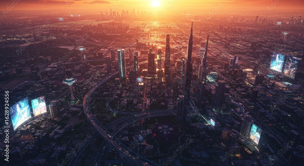 Fototapeta premium Futuristic cityscape at sunset