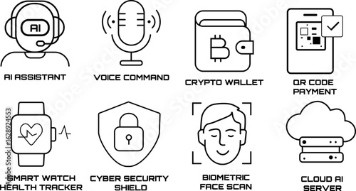 Advanced AI and Cyber Technology Icons – Smart Tech Line Art Set