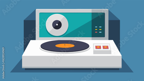 A minimalist record player with a sleek white exterior and a touchscreen interface presented in a clean and modern exhibit. Vector illustration