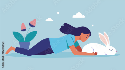 A person laying on the floor eyes closed and breathing deeply as a therapy rabbit hops around them filling them with a sense of peace..
