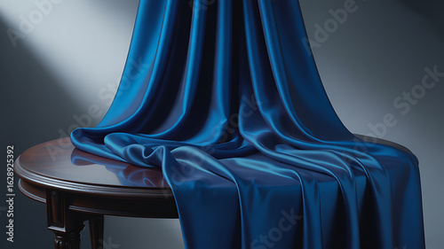 A blue satin cloth draped over a round wooden table in a studio setting