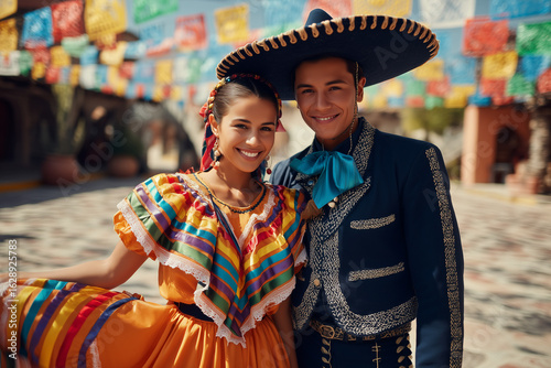 A joyful Hispanic couple in traditional charro and folklorico attire proudly celebrate Mexican Independence Day on a beautifully decorated street in a historic town.