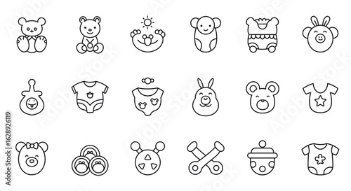 cute baby-themed vector icons with rounded shapes, pastel pink and beige palette, cartoon style, simple outlines, flat design, soft baby icons with organic blob backgrounds, warm tones, thick outlines