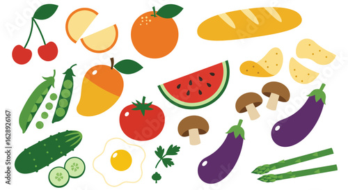 flat vector illustrations of fruits, vegetables, and food ingredients, bold shapes with no outlines, vibrant solid colors, minimal shading, modern healthy food icons in flat design style, clean white 