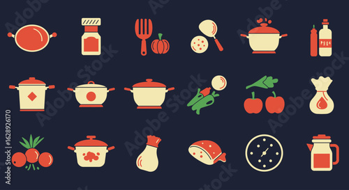 flat vector icons of food, kitchen utensils, and cooking ingredients, retro minimal style with muted red, yellow, and gray tones, thick outlines and geometric shapes, vintage color palette on cream