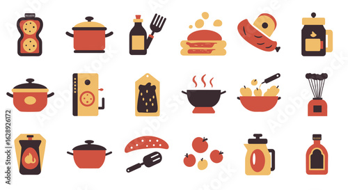 flat vector icons of food, kitchen utensils, and cooking ingredients, retro minimal style with muted red, yellow, and gray tones, thick outlines and geometric shapes, vintage color palette on cream