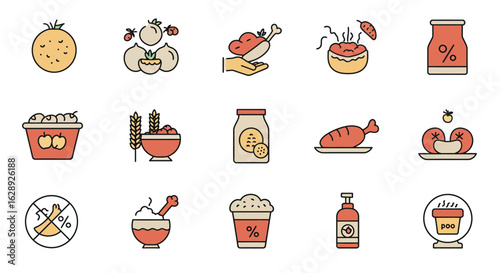 flat vector icons of food, kitchen utensils, and cooking ingredients, retro minimal style with muted red, yellow, and gray tones, thick outlines and geometric shapes, vintage color palette on cream