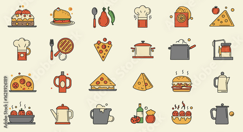 flat vector icons of food, kitchen utensils, and cooking ingredients, retro minimal style with muted red, yellow, and gray tones, thick outlines and geometric shapes, vintage color palette on cream