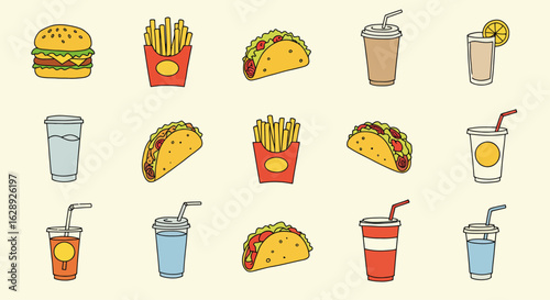 summer fruit and drink vector icons with pastel tones, flat cartoon style, thick outlines, soft shadows, minimal detail, cute dessert and juice illustrations with watermelon and citrus elements