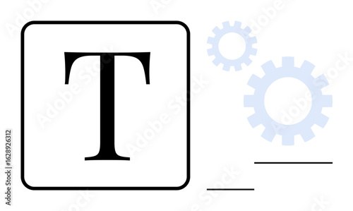 Letter T inside a square with adjacent gears, indicating text formatting and mechanical processes. Ideal for technology, creativity, automation, digital tools, efficiency, workflow optimization