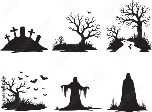 Spooky Halloween silhouettes: graveyard, haunted trees, ghosts, bats