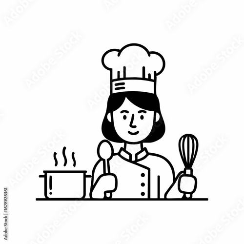 Chef Holding Spoon and Whisk in Kitchen with Cooking Pot for Culinary Blogs, Recipe Websites, Cooking Classes, Food Education, and Social Media Content  