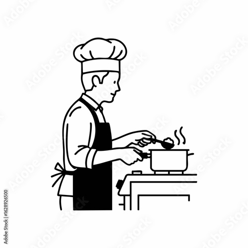 Chef Cooking in Kitchen with Pot on Stove for Food Blogs, Culinary Websites, Recipe Cards, Cooking Classes, and Culinary Education Materials  