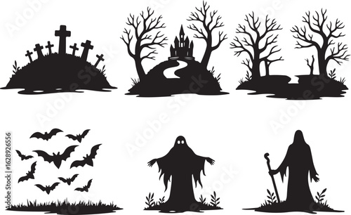 Spooky Halloween silhouettes of haunted castle, graveyard, bats, ghosts, and trees