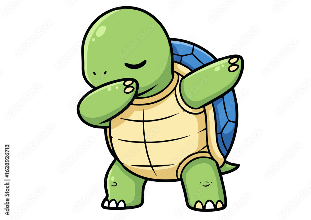 Obraz premium Cartoon Turtle Dabbing with Closed Eyes Green and Blue Shell.