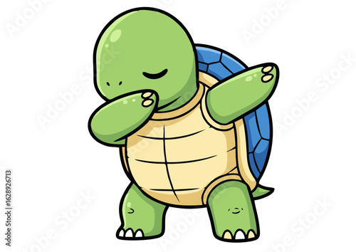 Cartoon Turtle Dabbing with Closed Eyes Green and Blue Shell.