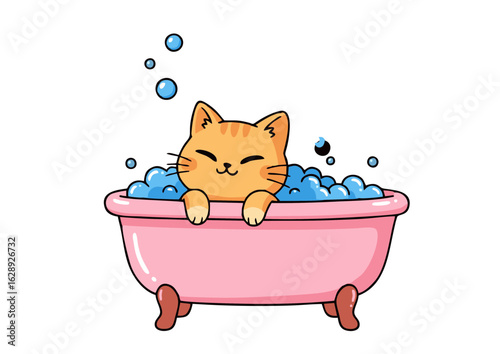 Cute Cartoon Cat Taking a Bath in a Pink Tub.