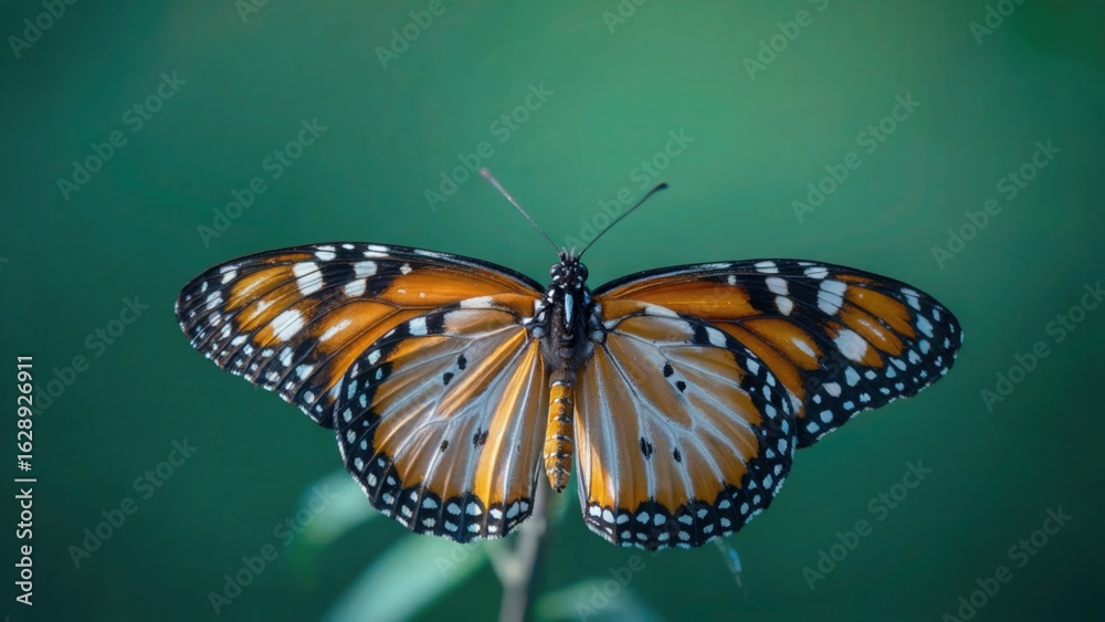 Fototapeta premium A monarch butterfly displaying its vibrant orange and black wings against a blurred green background