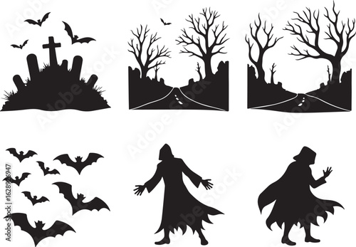 Spooky Halloween silhouettes with bats, graves, and eerie figures