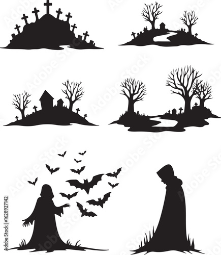 Spooky Halloween silhouettes of cemeteries, hooded figures, and bats