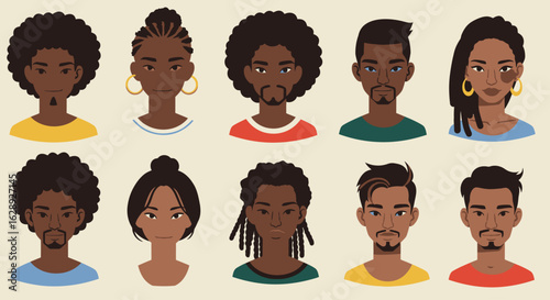 A diverse collection of portraits featuring Black men and women with various modern hairstyles and expressions.