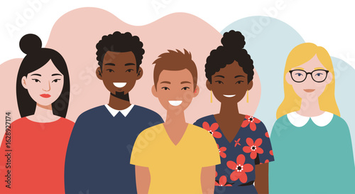 A diverse group of young people standing together in unity. Flat vector illustration of a multicultural community.