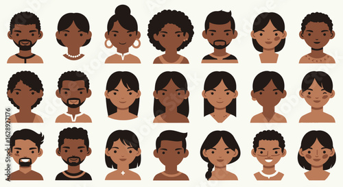 Multicultural community concept with a diverse group of people portraits. Vector avatar icon set of men and women with different styles.