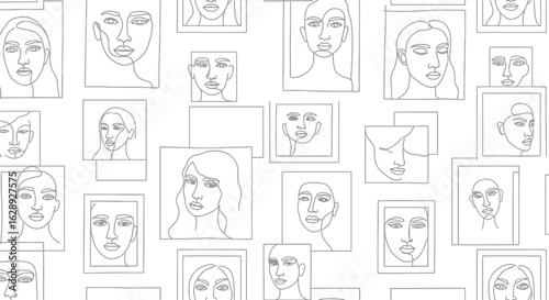 Continuous pattern of diverse female faces in minimalist line art style, set against a pristine white background, a modern artistic representation of individuality and beauty.