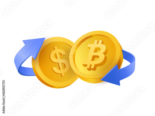 3d golden coins with dollar and bitcoin sign, transfer arrows, isolated on white background. Currency exchange icon concept in 3d vector illustration. Vector illustration