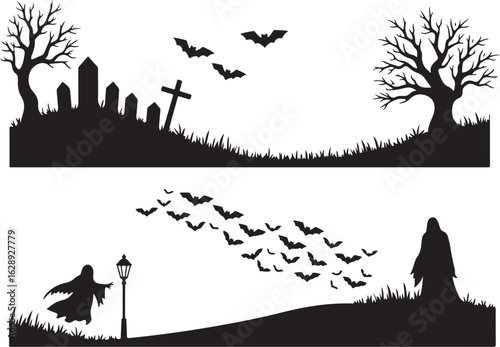 Spooky Halloween scene with bats, ghosts, and graveyard elements