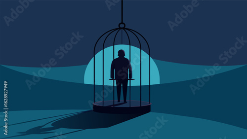 A dark shadowy figure ped in a cage representing the feelings of confinement and hopelessness that often accompany depression. As the bars of the cage.
