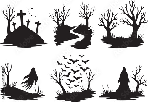Spooky Halloween silhouettes create eerie night scenes with ghosts and bats