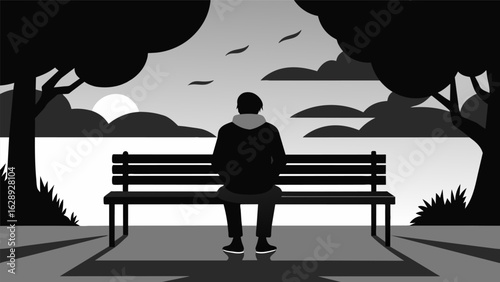 A black and white photograph of a lone figure sitting on a bench the empty surroundings symbolizing the patients feelings of isolation and loneliness.