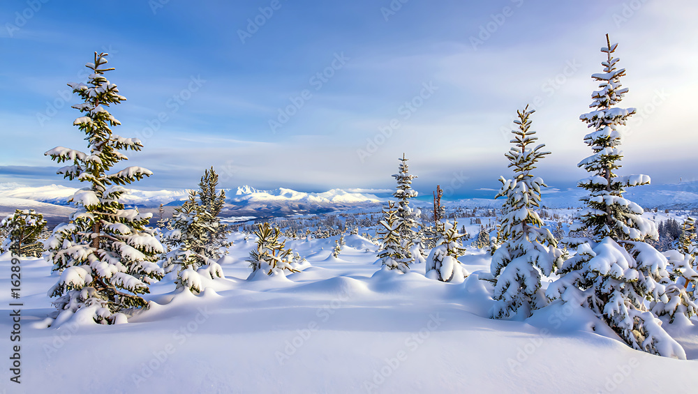 Obraz premium Snow Covered Spruce Trees in a Winter Wonderland Landscape with Distant Mountains and a Clear Sky Creating a Serene Atmosphere