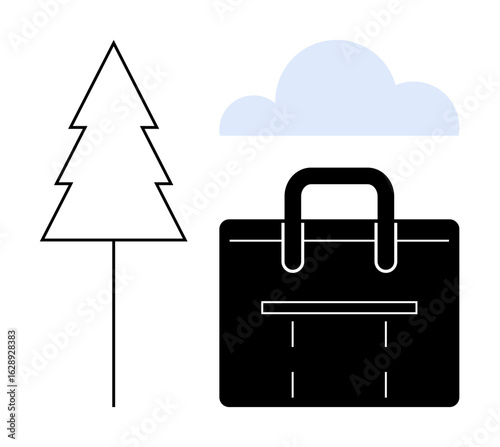 Evergreen tree, cloud, and minimalist briefcase design suggest harmony with nature, environmental responsibility, and balanced productivity. Ideal for sustainability, work, travel, balance