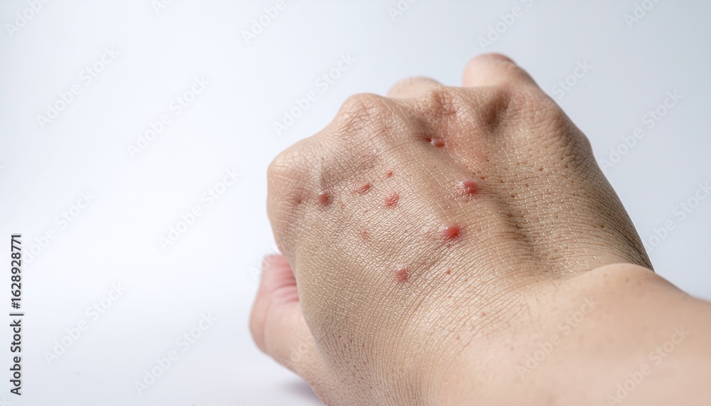 Fototapeta premium Close-up of a human hand showing multiple red, inflamed bumps, indicative of a skin condition or allergic reaction.