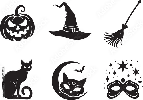 Spooky Halloween icons set featuring pumpkin, cat, hat, broom, mask and stars