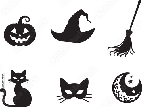 Spooky Halloween icons festive pumpkin witch hat broom cat moon magic