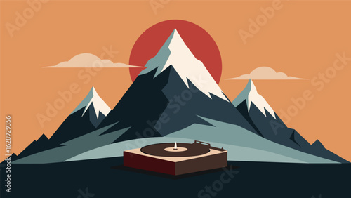 A rugged mountain peak serves as the base for a portable record player the ruggedness of the landscape in stark contrast to the smoothness of the Vector illustration