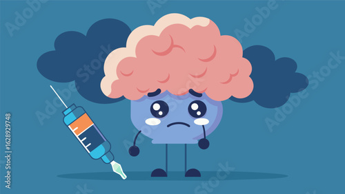 A cartoon depiction of a brain with a dark cloud above it representing depression symptoms being pierced by a syringe labeled Ketamine and the cloud.