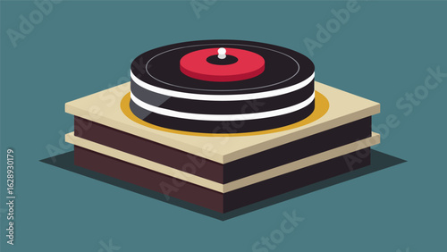 A minimalist cake design featuring simple black fondant layers intended to resemble a sleek and modern record player. Vector illustration