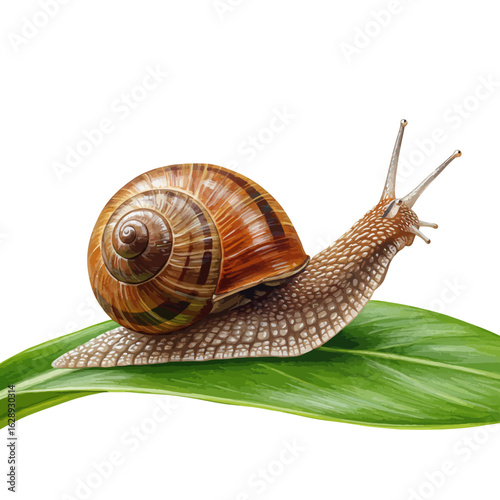 Brown and Beige Garden Snail Crawling on a Green Leaf