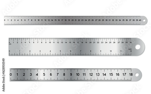 Metal ruler set. Dual measurements rulers with precise metric and inch scales. 12 inches, 40 centimeters, 30 centimeters, 18 centimeters and mixed markup scale measurement tool with shadows.