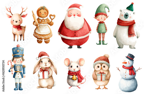 Christmas watercolor characters set. Cartoon santa claus, snowman, reindeer, polar bear, nutcracker, mouse, owl and snowman vector collection