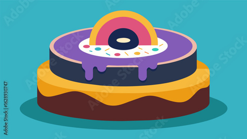 A cake shaped like a giant vinyl record complete with a colorful label displaying the occasion or celebration. Vector illustration