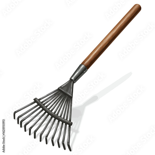 Detailed Illustration of a Metal Garden Rake with Wooden Handle