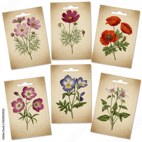 Vintage Flower Seed Packet Designs with Cosmos, Poppies, and Pansies